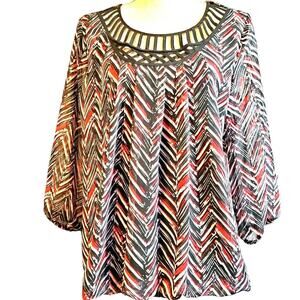 Alyx Sheer Black Red Lined Cutout Neckline Chevron Print Top Size L 3/4 Sleeve